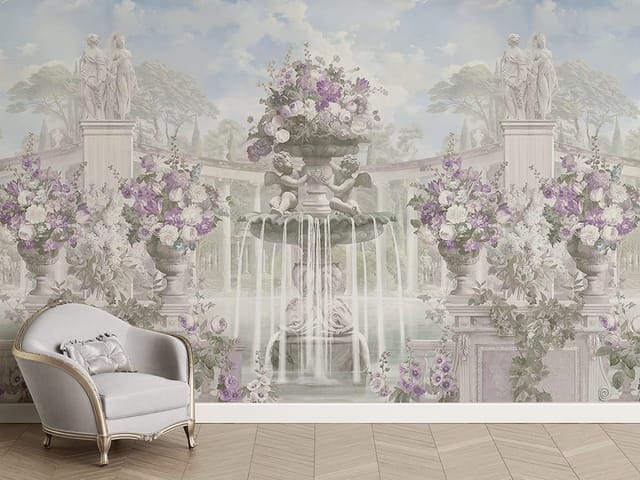 Fototapeta Miejski mural z fontanną i aniołkami (mpn: 5032) Fototapeta z miejskim muralem przedstawiającym fontannę z aniołkami i kolumnami