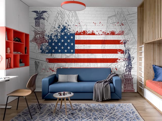 Fototapeta Flaga USA na tle miejskiej scenerii (mpn: 5046) Fototapeta Cegła – Flaga USA na tle szkicu miasta