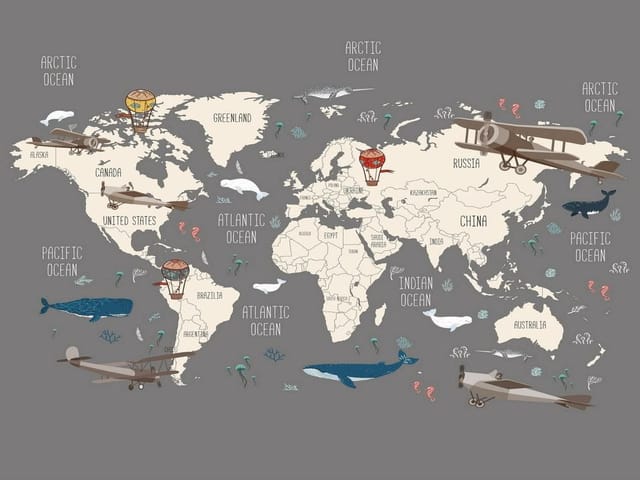 Fototapeta Mapa świata z balonami i samolotami (mpn: 5085) Fototapeta z mapą świata, samolotami i balonami na szarym tle