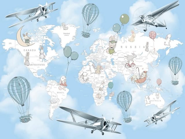 Fototapeta Mapa świata z samolotami i balonami (mpn: 5088) Fototapeta z mapą świata, samolotami, balonami i królikami na niebie