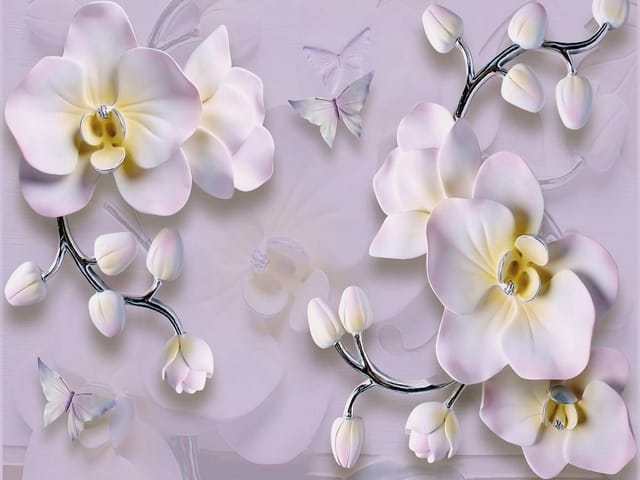 Fototapeta Orchidee na Gałązkach (mpn: 5096) Fototapeta z delikatnymi kwiatami orchidei na jasnym tle z motylami