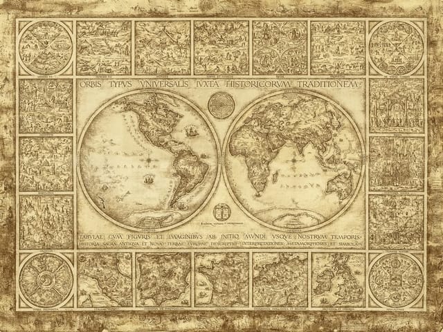 Fototapeta Stara mapa świata z ilustracjami (mpn: 514) Fototapeta przedstawiająca starą mapę świata z globusami i ilustracjami