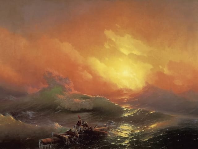 Fototapeta z tratwą na wzburzonym morzu, wielkie fale i zachmurzone niebo