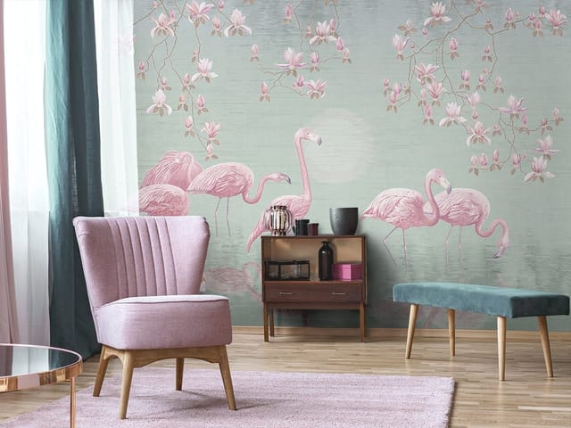 Fototapeta z flamingami stojącymi w wodzie, gałęzie magnolii i jasne niebo