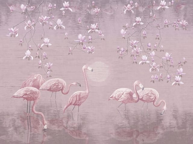 Fototapeta z flamingami stojącymi w wodzie, otoczonymi kwiatami magnolii
