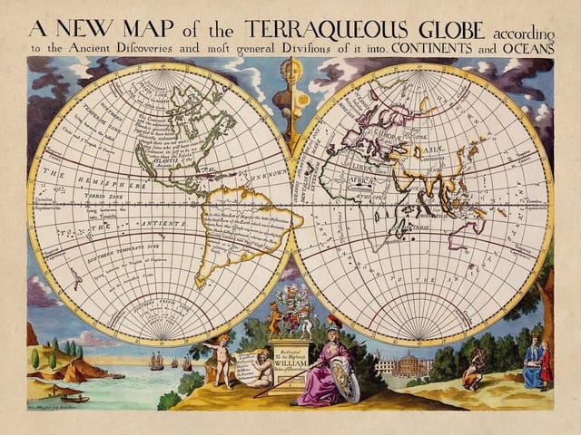 Fototapeta Stara mapa świata z globusami (mpn: 518) Fototapeta przedstawiająca starą mapę świata z dwoma globusami i detalami historycznymi