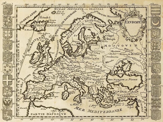 Fototapeta Stara mapa Europy z XVII wieku (mpn: 520) Fototapeta przedstawiająca starą mapę Europy z XVII wieku z konturami i nazwami