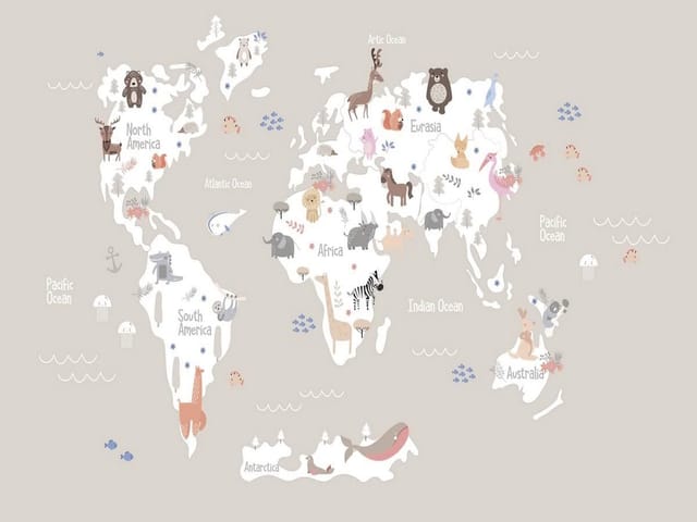 Fototapeta Mapa świata z ilustracjami zwierząt (mpn: 5204) Fototapeta z mapą świata i ilustracjami zwierząt na kontynentach