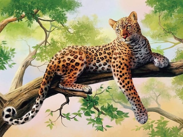 Fototapeta z leopardem leżącym na gałęzi drzewa otoczonym zielonymi liśćmi