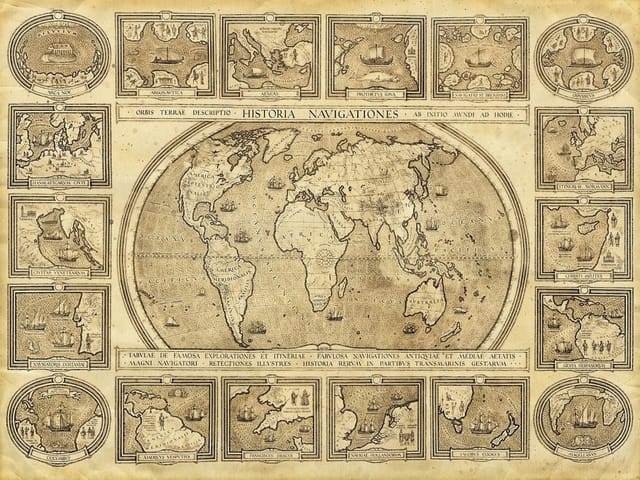 Fototapeta Stara mapa świata z ilustracjami (mpn: 521) Fototapeta przedstawiająca starą mapę świata z łacińskimi napisami i ozdobnymi ramkami