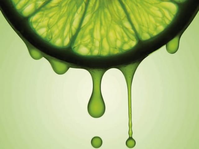 Fototapeta z plasterkiem limonki na zielonym tle z kroplami soku