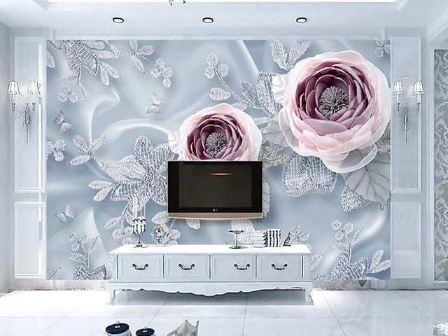 Fototapeta Kwiaty 3D na delikatnej tkaninie (mpn: 5260) Fototapeta z dwoma dużymi kwiatami na tle haftowanych liści