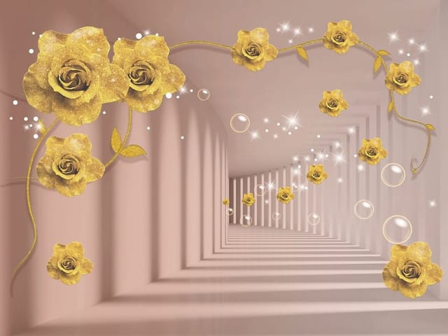 Fototapeta z motywem złotych róż na tle geometrycznego tunelu