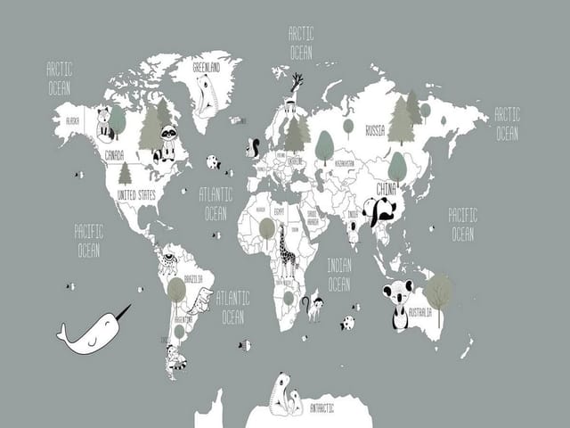 Fototapeta Mapa świata dla dzieci (mpn: 5408) Fototapeta z mapą świata dla dzieci z kontynentami i zwierzętami