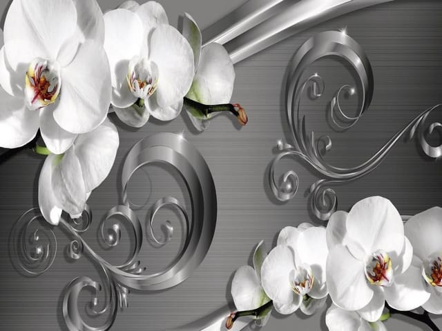 Fototapeta Białe orchidee na srebrnym tle (mpn: 5420) Fototapeta z białymi orchideami na tle srebrnych ornamentów i metalicznych wzorów