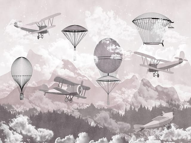Fototapeta z balonami i samolotami nad górską scenerią