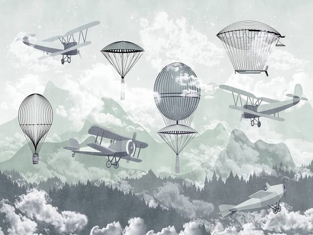 Fototapeta z balonami i samolotami nad górami i chmurami