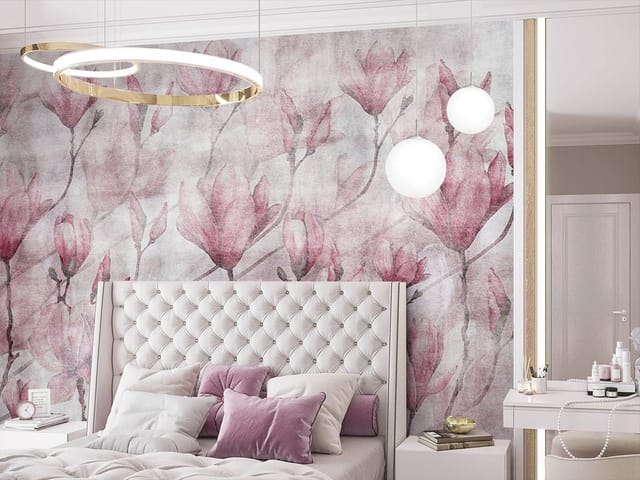 Fototapeta z kwiatami magnolii na gałęziach, delikatne pastelowe tło