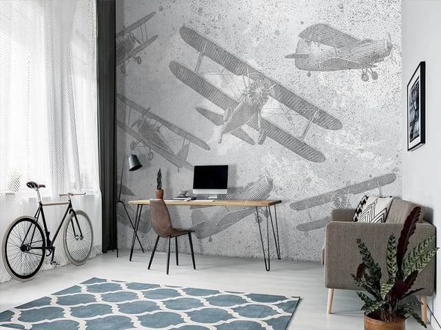 Fototapeta Stare dwupłatowce na niebie (mpn: 5665) Fototapeta z kilkoma starymi dwupłatowcami w locie na tle chmur