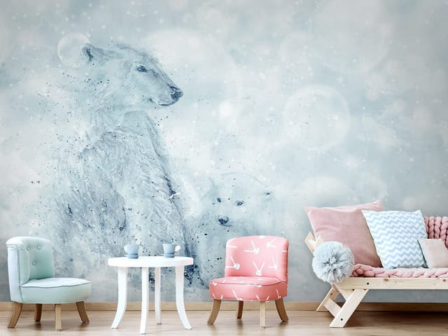 Fototapeta z dwoma niedźwiedziami polarnymi na śnieżnym tle z delikatnymi wzorami