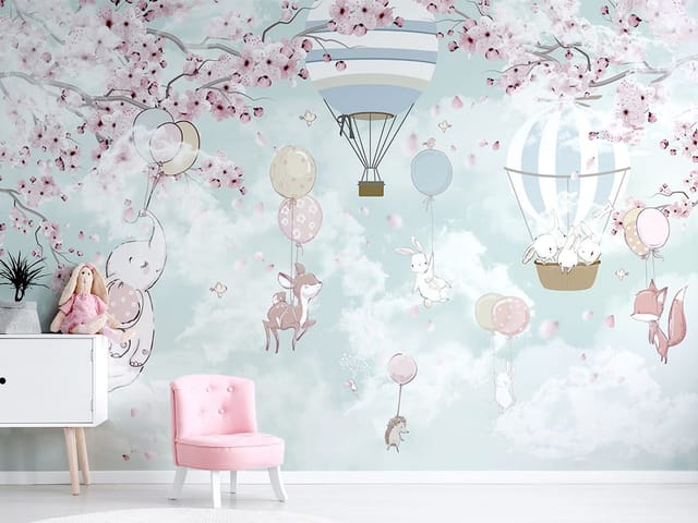 Fototapeta Balon z królikami i kwiatami (mpn: 5698) Fototapeta z balonem na gorące powietrze i królikami wśród chmur