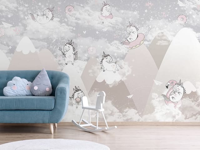 Fototapeta Jednorożce na tle pastelowych gór (mpn: 5750) Fototapeta z jednorożcami na tle pastelowych gór i chmur