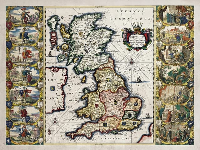 Fototapeta Stara mapa Wielkiej Brytanii (mpn: 5844) Fototapeta przedstawiająca starą mapę Wielkiej Brytanii z detalicznymi konturami i ozdobnymi ramkami.
