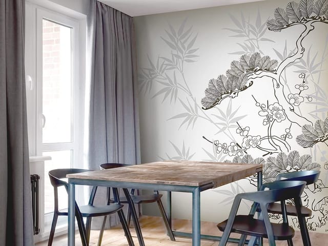 Fototapeta z drzewem bonsai, kwiatami i liśćmi bambusa na jasnym tle