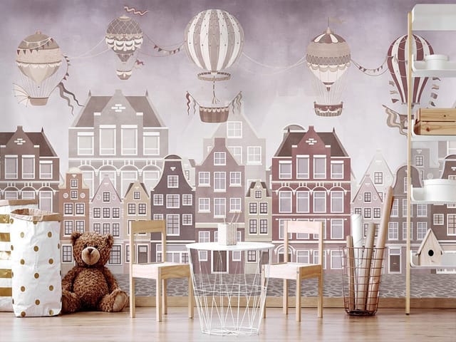 Fototapeta Ilustracje miast – kamienice i balony na ogrzane powietrze