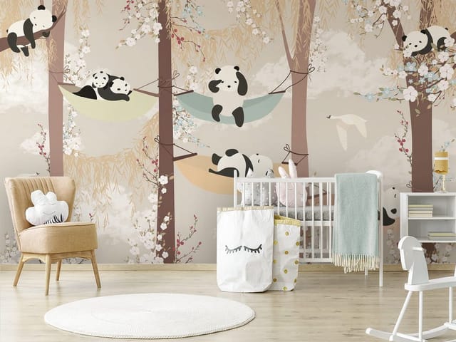 Fototapeta Pandy w hamakach na drzewach (mpn: 6144) Fototapeta z pandami w hamakach na drzewach z kwiatami i chmurami
