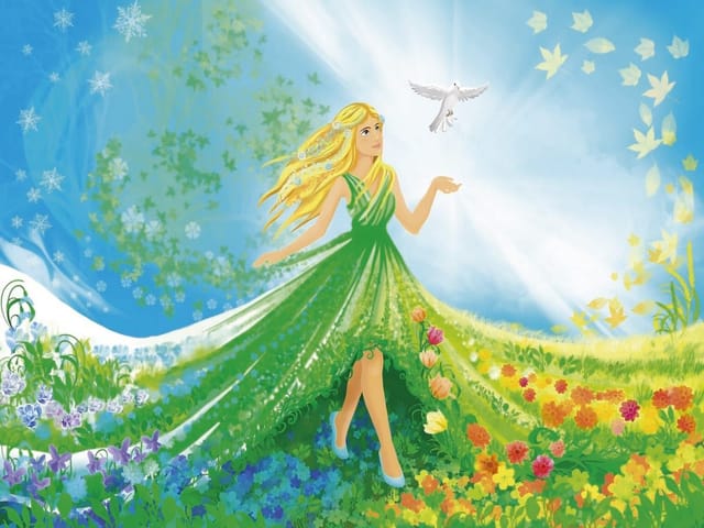 Fototapeta Kobieta w zielonej sukni na łące