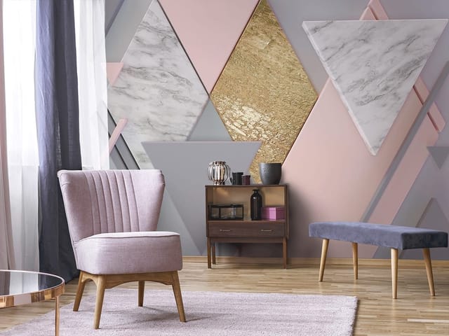 Fototapeta z geometrycznymi kształtami, marmurowymi trójkątami i złotym rombem