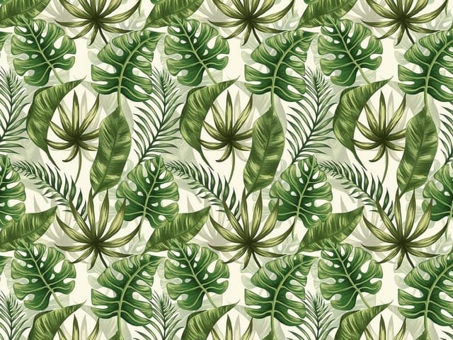 Fototapeta Zielone liście tropikalne (mpn: 6300) Fototapeta z zielonymi liśćmi monstery, palm i paproci na jasnym tle