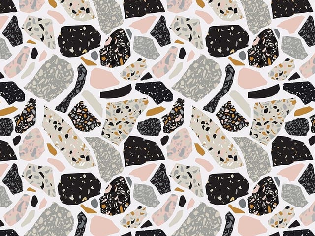 Fototapeta Kolorowe terrazzo na jasnym tle (mpn: 6404) Fototapeta z wzorem terrazzo w kolorach czarnym, szarym i różowym na jasnym tle