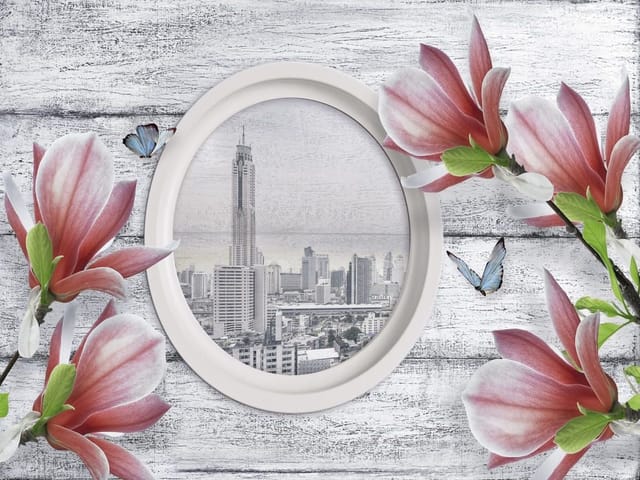 Fototapeta Magnolie na tle miasta (mpn: 6432) Fototapeta z różowymi magnoliami i panoramą miasta na drewnianym tle