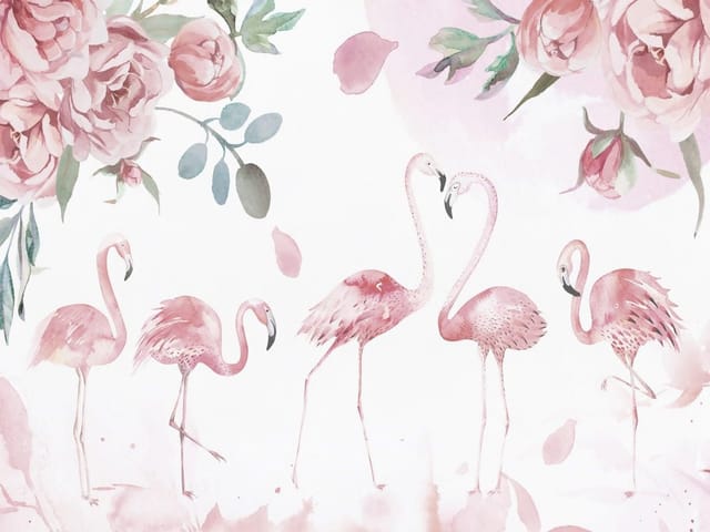 Fototapeta Flamingi wśród kwiatów (mpn: 6445) Fototapeta z flamingami w otoczeniu różowych kwiatów i zielonych liści