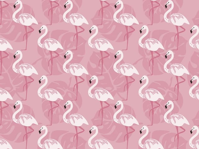 Fototapeta Flamingi na różowym tle (mpn: 6467) Fototapeta z flamingami na różowym tle z liśćmi, powtarzający się wzór
