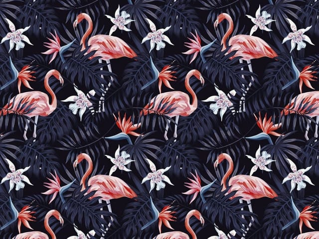 Fototapeta Flamingi w tropikalnych liściach (mpn: 6470) Fototapeta z flamingami wśród tropikalnych liści i kwiatów na ciemnym tle