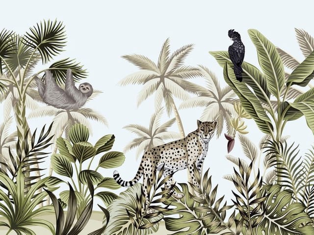 Fototapeta z leopardem w tropikalnym lesie z roślinami i leniwcem
