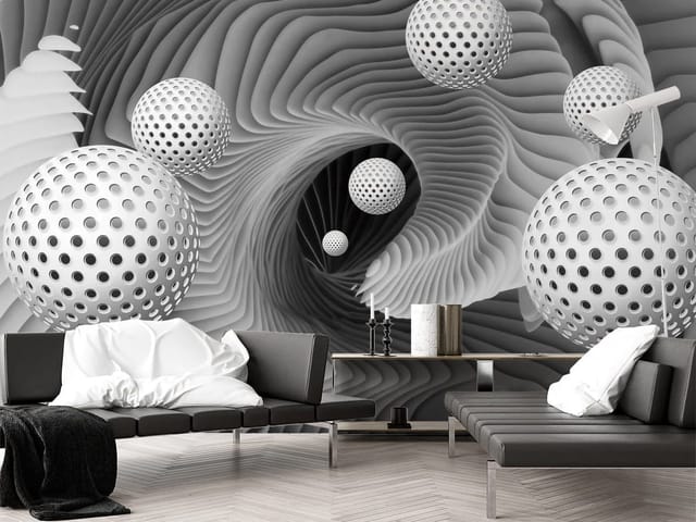 Fototapeta Geometryczne kule w tunelu (mpn: 6480) Fototapeta z białymi perforowanymi kulami w tunelu z falistymi strukturami