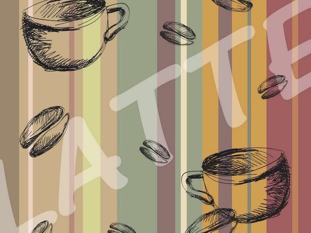 Fototapeta z kubkami kawy, ziarnami i kolorowymi pasami