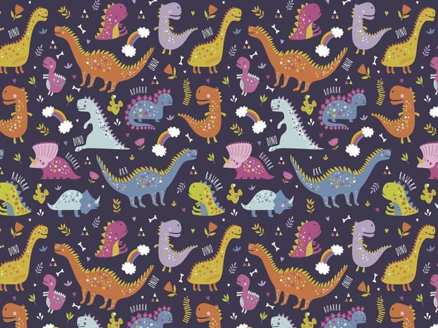 Fototapeta z kolorowymi dinozaurami na ciemnym tle z liśćmi i kwiatami