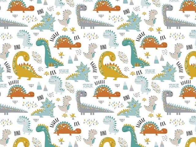 Fototapeta z kolorowymi dinozaurami na białym tle z napisami