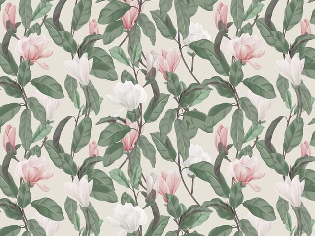 Fototapeta z magnoliami, dużymi zielonymi liśćmi i gałęziami na jasnym tle