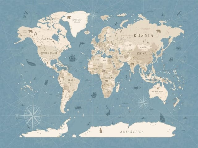 Fototapeta Mapa świata z kontynentami (mpn: 6597) Fototapeta przedstawiająca mapę świata z kontynentami na beżowym tle, niebieskie oceany