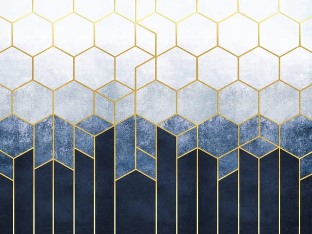 Fototapeta Geometryczny wzór z heksagonami (mpn: 6610) Fototapeta z geometrycznym wzorem heksagonów i złotymi liniami na niebieskim tle
