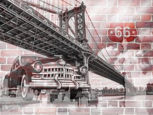 Fototapeta z mostem, klasycznym samochodem i znakiem Route 66 na tle ceglanej ściany