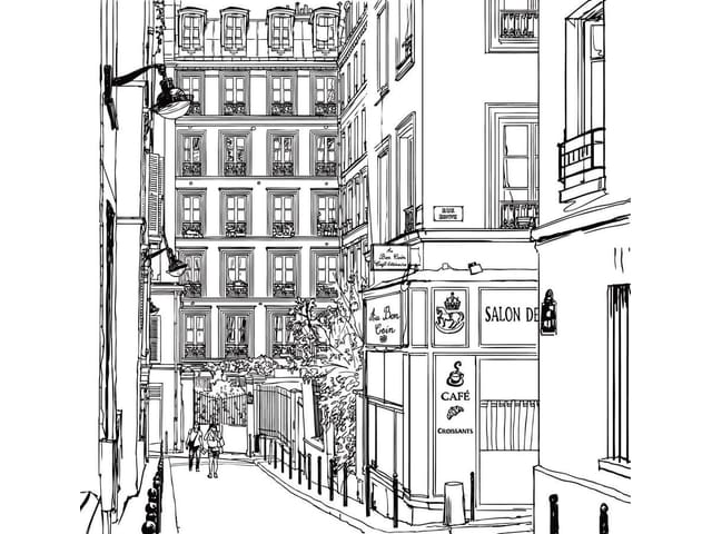 Fototapeta Ulica z kamienicami i kawiarnią