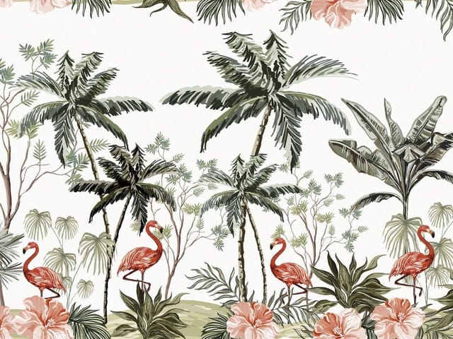Fototapeta z palmami, flamingami i kwiatami hibiskusa w dżungli
