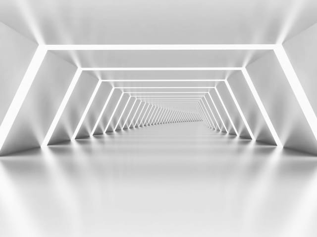 Fototapeta z nowoczesnym tunelem LED, geometryczne ściany i gładka podłoga